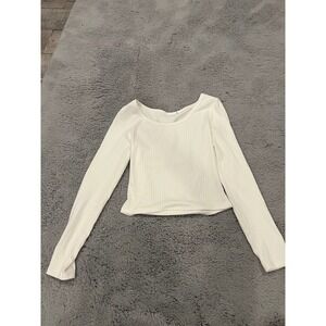 Ribbed Knit Cropped Long Sleeve Shirt White Casual Basic Staple top